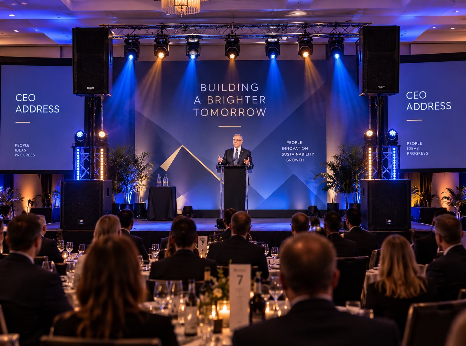 Corporate event stage with speakers on stands and subs, a speaker at the lectern and a seated dinner audience
