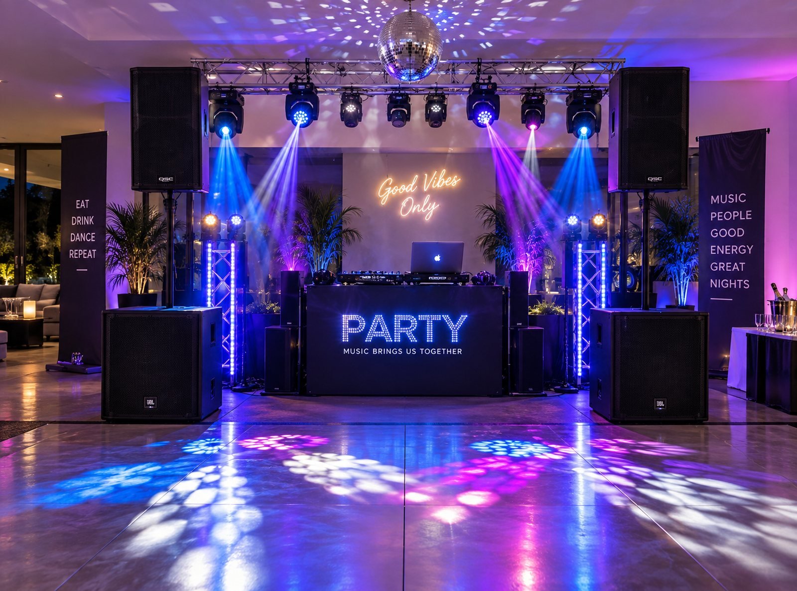 Party sound and lighting rig set up and lit before guests arrive — tops on stands, subs, truss with moving heads over an empty dance floor