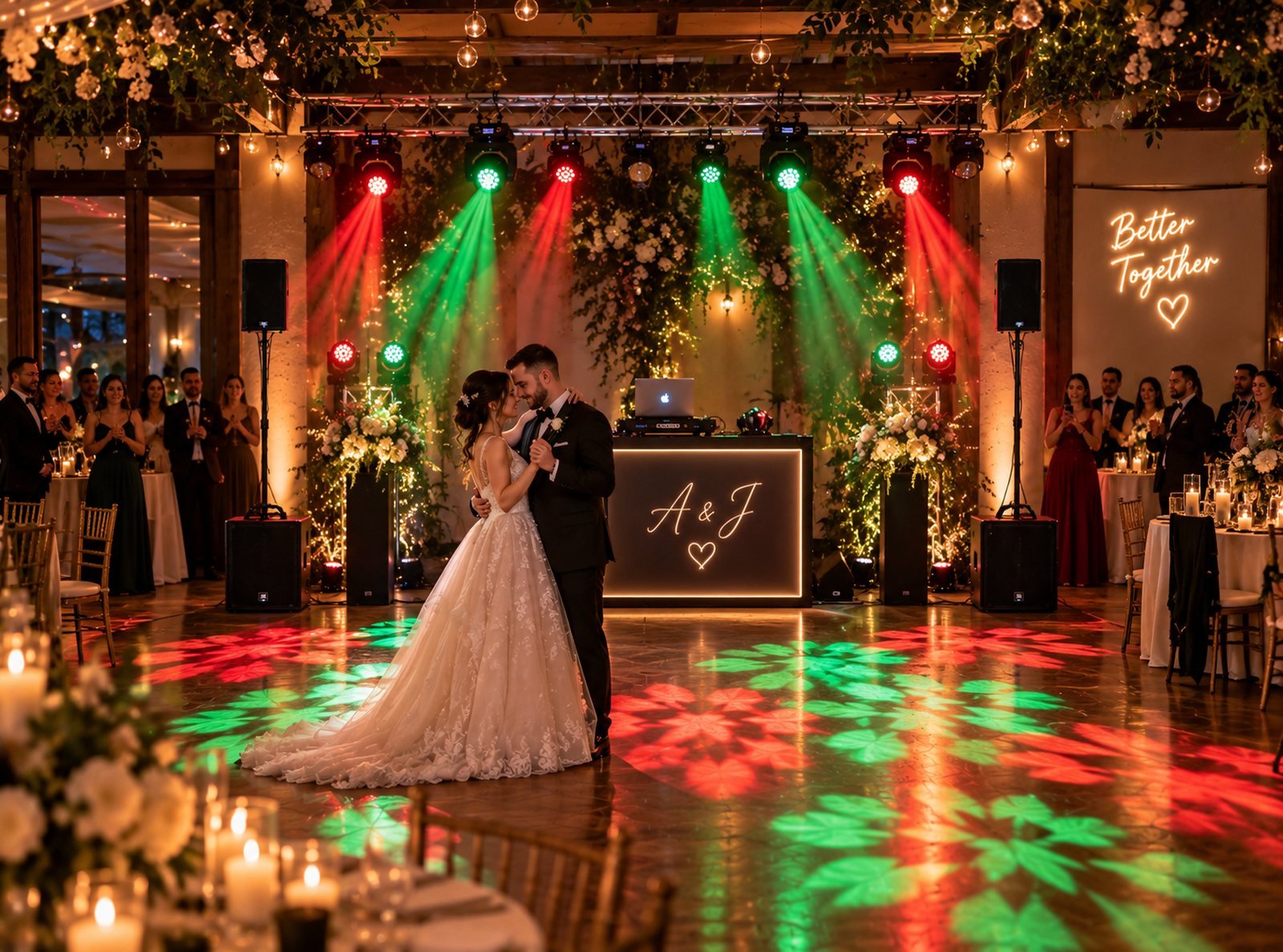 First dance on a lit dance floor with speakers either side and the guests watching